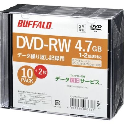BAFFALO 光学メディア DVDーRW PCデータ用 4.7GB 法人チャネル向け 10枚+2枚 RO-DW47D-012CWZ（直送品）