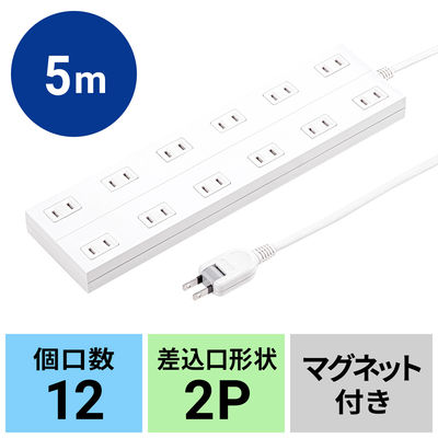 延長コード 電源タップ 5m 2P（ピン） 12個口 マグネット ホワイト TAP-2312-5W サンワサプライ 1個（直送品）