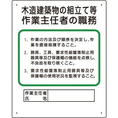 ユニット 作業主任者職務板 木造建築物の組立て等 356-25A 1枚 167-7615（直送品）