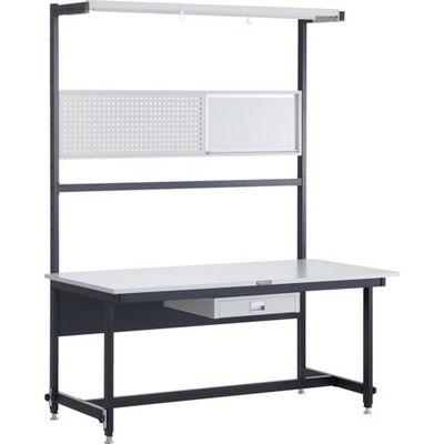 TRUSCO CLM型高さ調節セルライン作業台 1500X800 コンテナ受・パネル・上棚・照明・薄型引出し1段付 CLM-1500-69A（直送品）