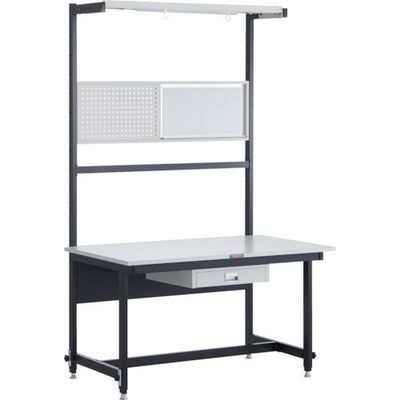 TRUSCO CLM型高さ調節セルライン作業台 900X800 コンテナ受・パネル・上棚・照明・薄型引出し1段付 CLM-900-69A（直送品）