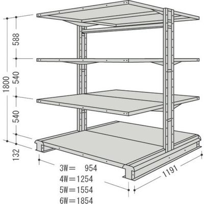 NF スチール製軽中量ボルトレス棚 キャンチラック複式増結1連 間口1854×奥行1191×高さ1800mm 150kg CR66L-W4B（直送品）