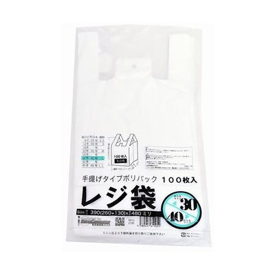 紺屋商事 レジ袋乳白 東30西40号 260(390)×480(100枚/冊) 00722130 1パック(100枚) 64-9609-88（直送品）