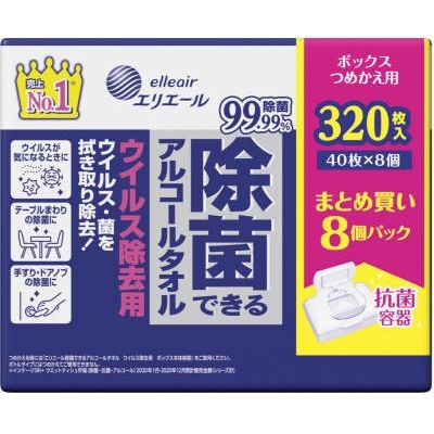 エリエール除菌できるアルコールタオルウイルス除去用ボックス 詰替え40枚 4902011831559 1セット(8個パック×4点セット)（直送品）
