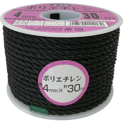 ユタカメイク ロープ PEカラーロープボビン巻 4mm×30m ブラック RE-24 1巻 754-1490（直送品）
