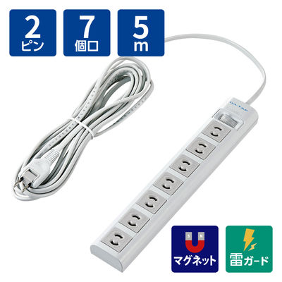 延長コード 電源タップ 5m 2ピン 7個口 雷ガード マグネット付 T-Y3A-2750WH エレコム 1個（直送品）