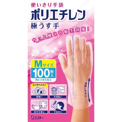 エステー 使いきり手袋 ポリエチレン 極うす手 Mサイズ 半透明 100枚入 4901070760374 1セット(100枚入)（直送品）
