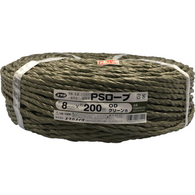 ユタカメイク PSロープ ODグリーン 8mm×200m PS8200OD 1巻 115-1333（直送品）
