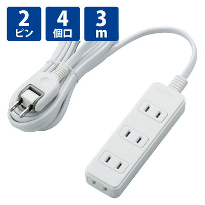 延長コード 電源タップ コンセント 3m 2ピン 4個口 スイングプラグ ホワイト T-TS02-2430WH エレコム 1個（直送品）