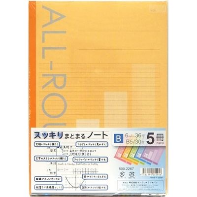 サンフレイムジャパン B5スッキリまとまるノート 30枚 5冊5色 B罫 500-2267 1セット(25冊:5冊×5)（直送品）