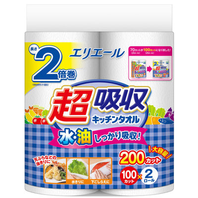 大王製紙 エリエール超吸収キッチンタオル2R(100カット) 4902011112160 1セット(2巻×4)（直送品）