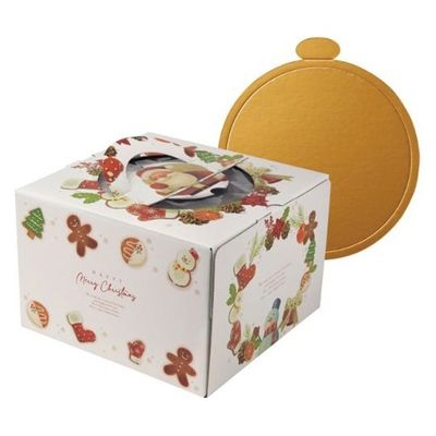 ヤマニパッケージ ケーキ箱 ホワイトサンタ 6号 金台紙丸型付 100枚 20-2327TM 1ケース(100枚) 67-7143-37（直送品）