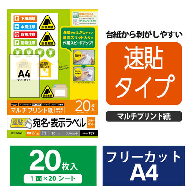 エレコム ラベルシール 宛名シール 速貼 A4 フリーカット ノーカット 20枚 EDT-TMQN1 1袋（直送品）