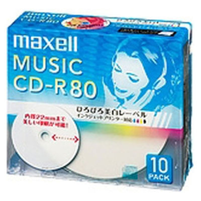 音楽用CDーR 80分 ワイドプリントレーベル ホワイト 10枚パック 1枚ずつ5mmプラケース入り CDRA80WP.10S 1個（直送品）