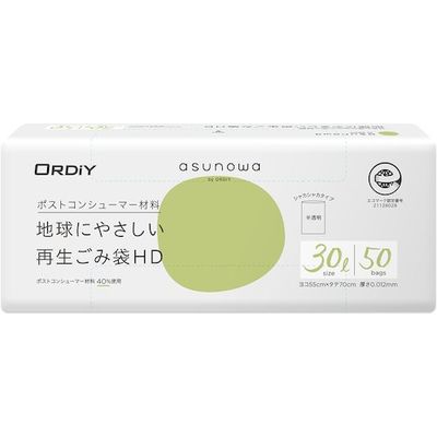 ASW再生ごみ袋 HD30L 0.012mm 半透明 50P ASW-41PCR-HN30-50 1セット(1500枚:50枚×30冊)（直送品）